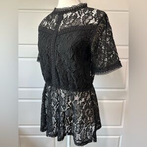 Lace Mini Dress Mock Neck Short Sleeve Party Cocktail Black Size  SM